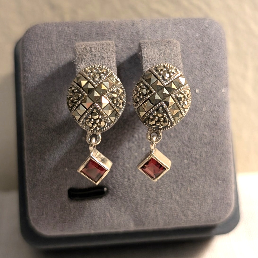 Vintage AT Sterling Marcasite Garnet Crystal Dangle Earrings