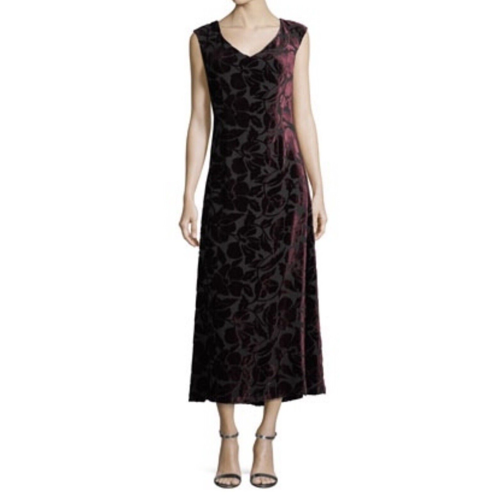 St. John Velvet Floral Burnout Midi Dress in Fig Size 2