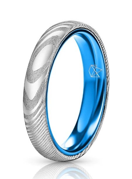 EMBR Steel Wood Grain Texture 4 mm Ring, Women's 7, Blue Lining
