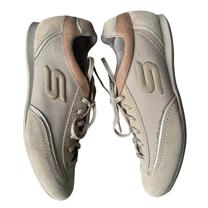 Skechers Bella Campana Fashion Sneakers Gold Leather Textile Lace-Up Size 10