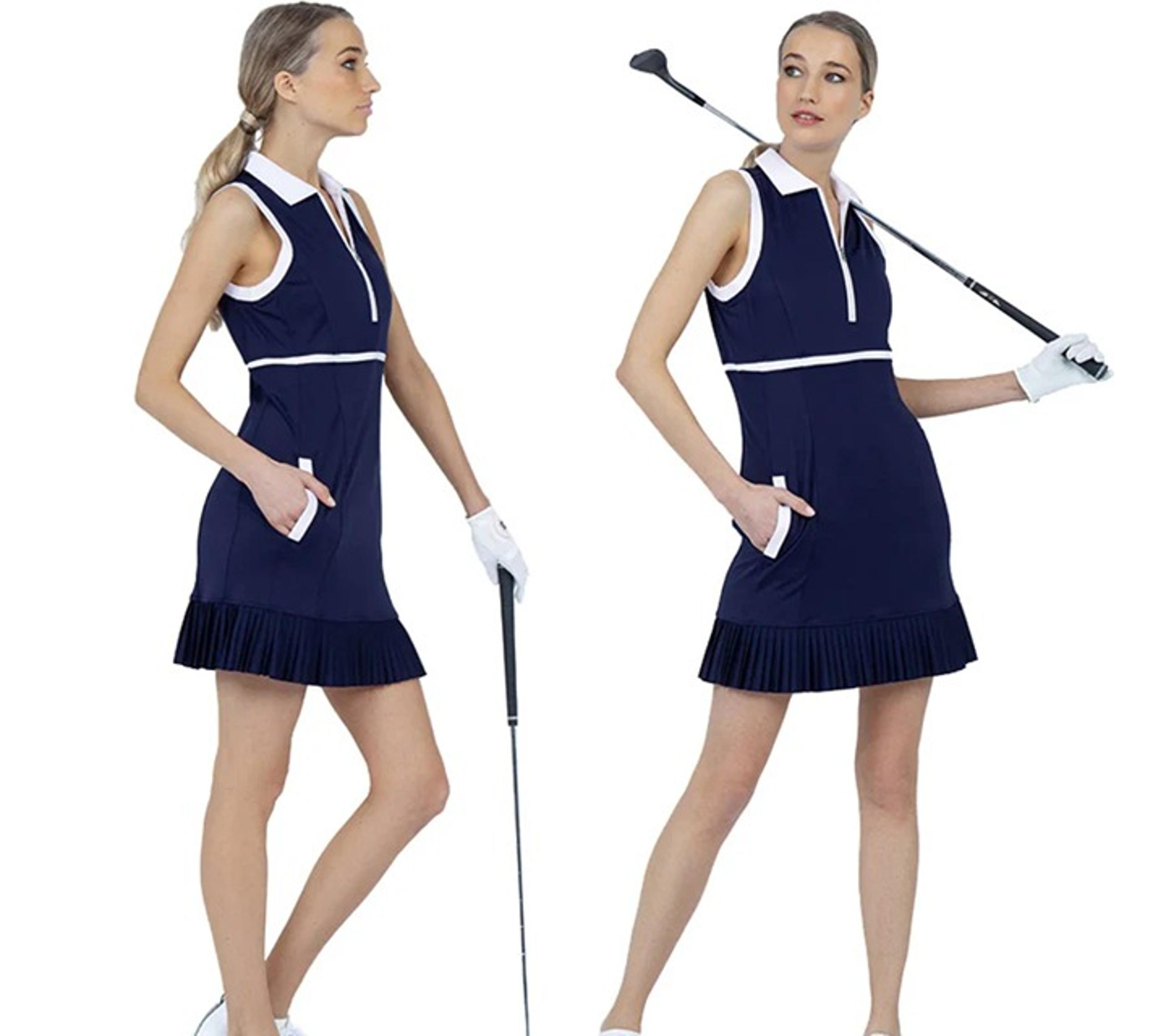 NWT inPhorm Aubrey Golf Dress Medium | Ink/White Semi‑Fitted Zip‑Front UPF 50+