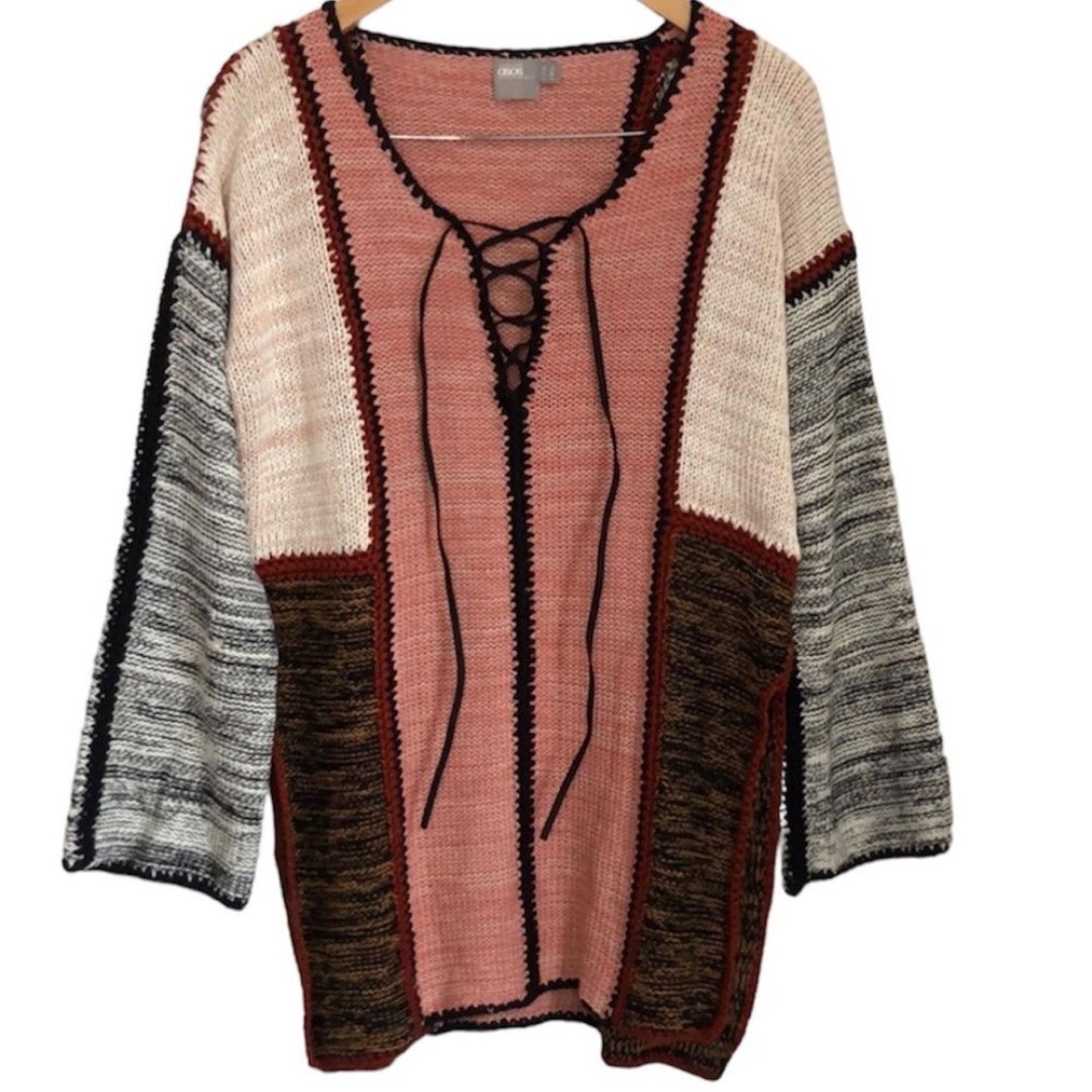 ASOS mix pattern long sleeve knit sweater cardigan with lace up V-neck size 6