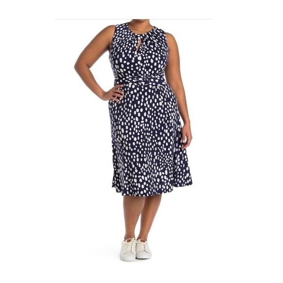 London Times Womens Blue Polka Dot Sleeveless Belted Midi Dress Plus Sz 20W NWT