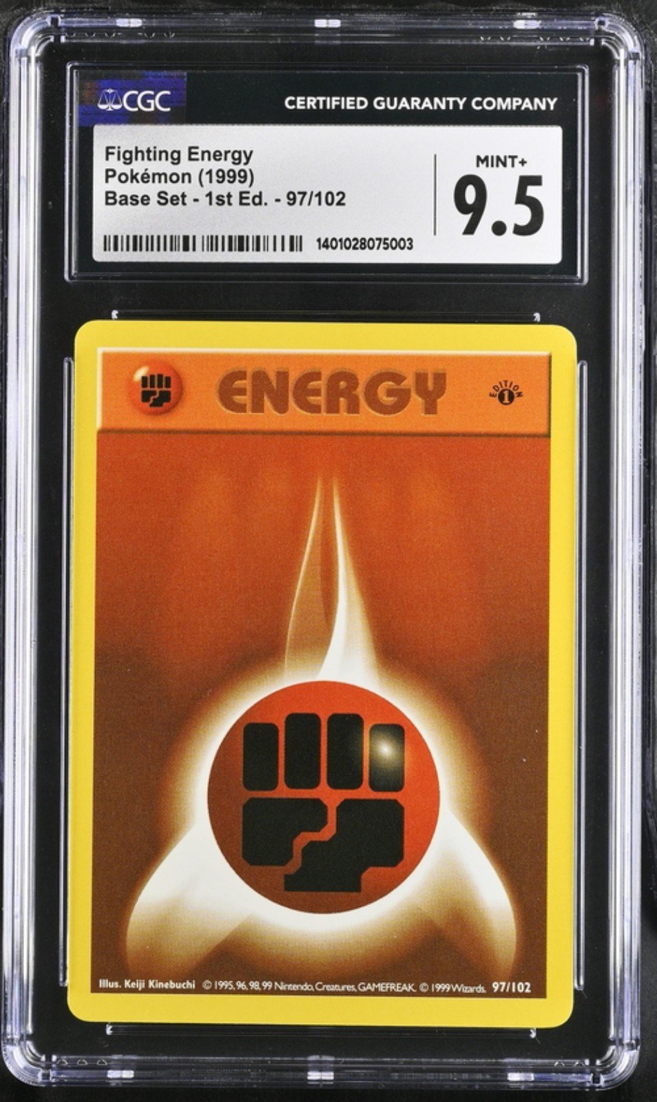Fighting Energy 1999 Pokémon 1st edition base set SHADOWLESS graded Mint+ 9.5
