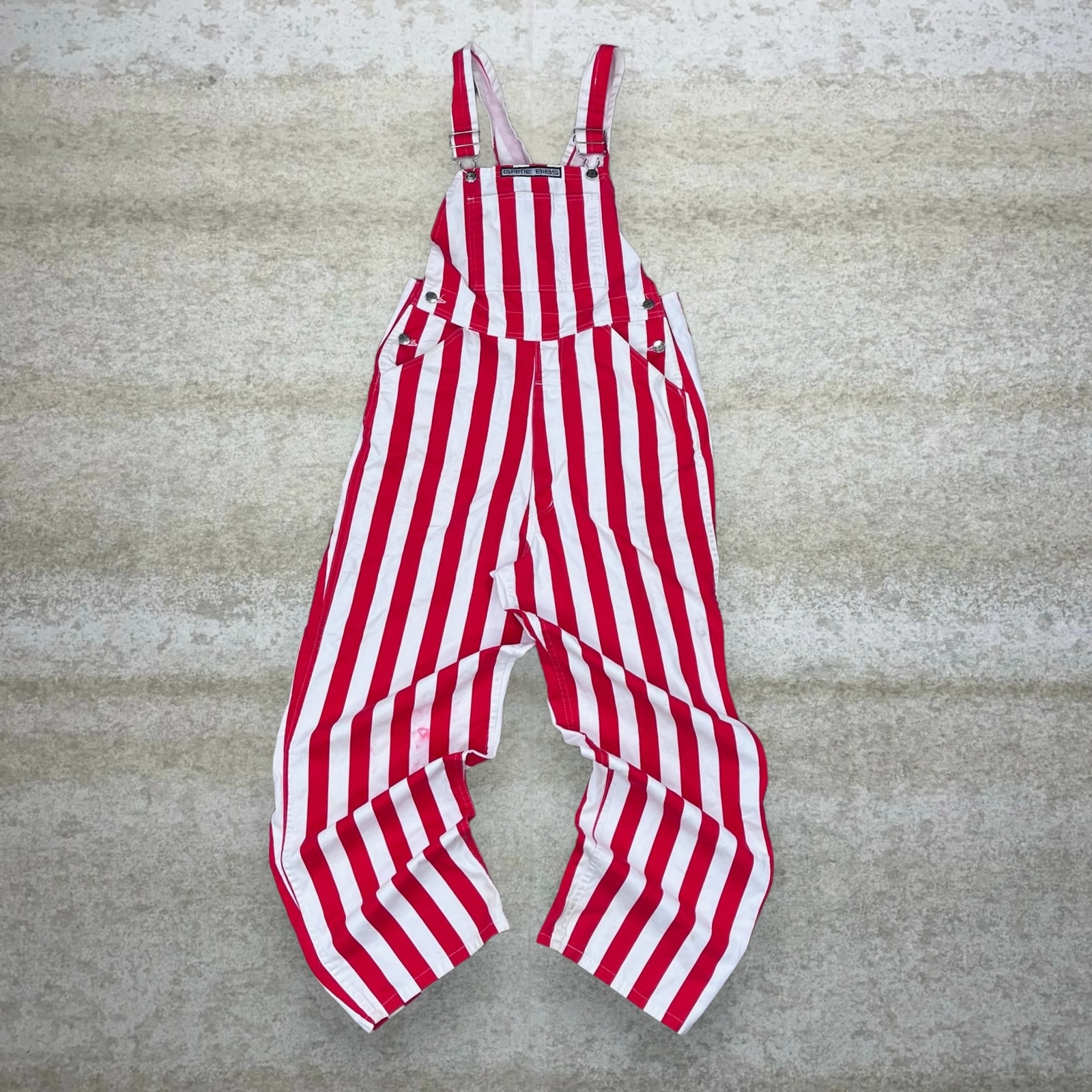 Vintage Game Bibs Striped Overalls Red White Cotton Baggy Fit Wide Leg Work 90s