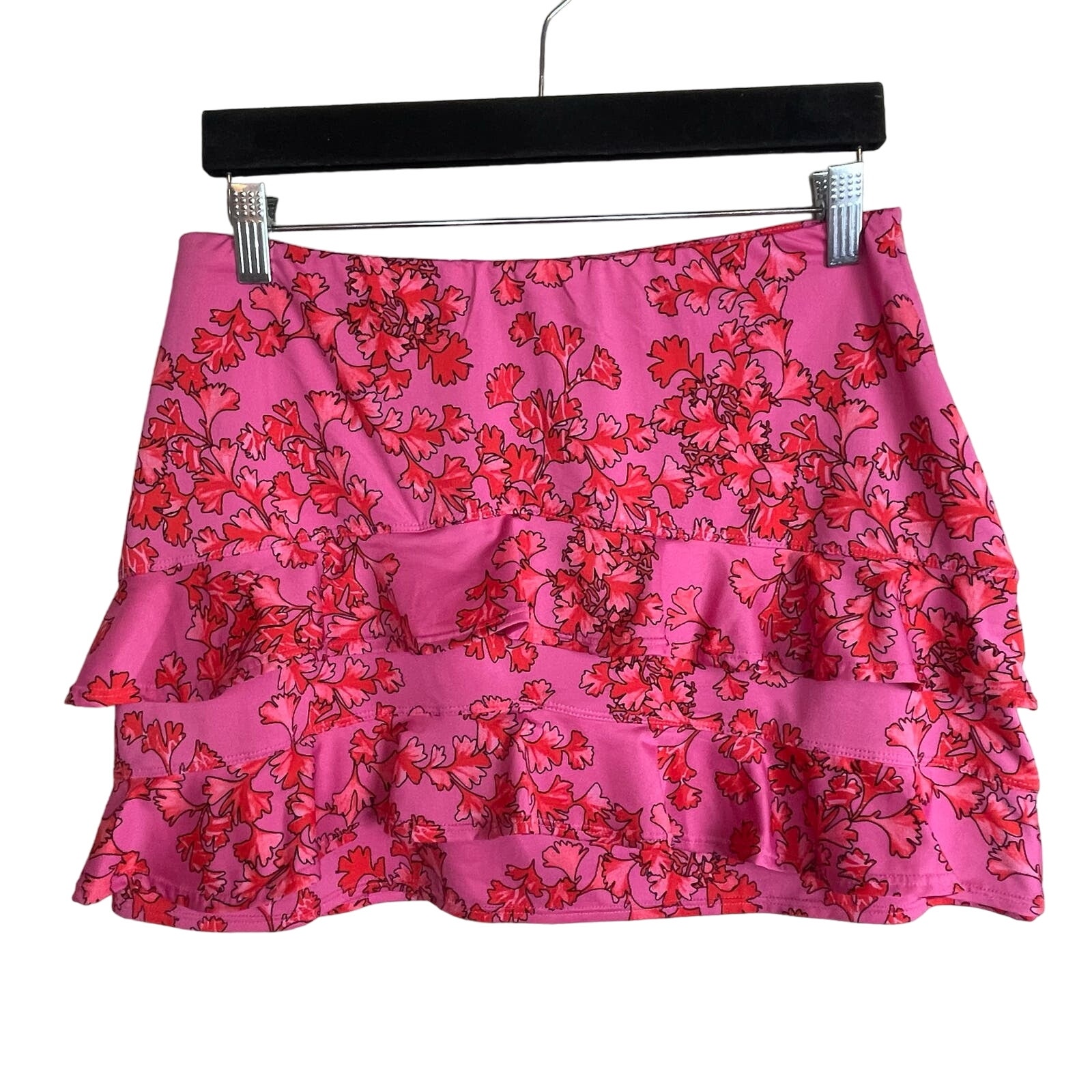 Tail Skort Ruffles Flounce Tiered Skirt Pink Red Floral Size M