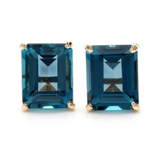 14k Yellow Gold 6.40Ct Natural Emerald Cut London Blue Topaz Stud Earrings