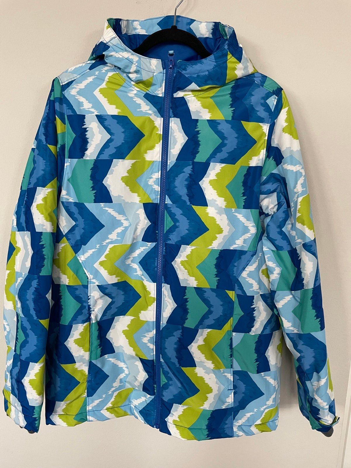 Lands' End Sapphire Geo Colorful Hooded Quilted Jacket Coat Youth XL 18-20 Blue