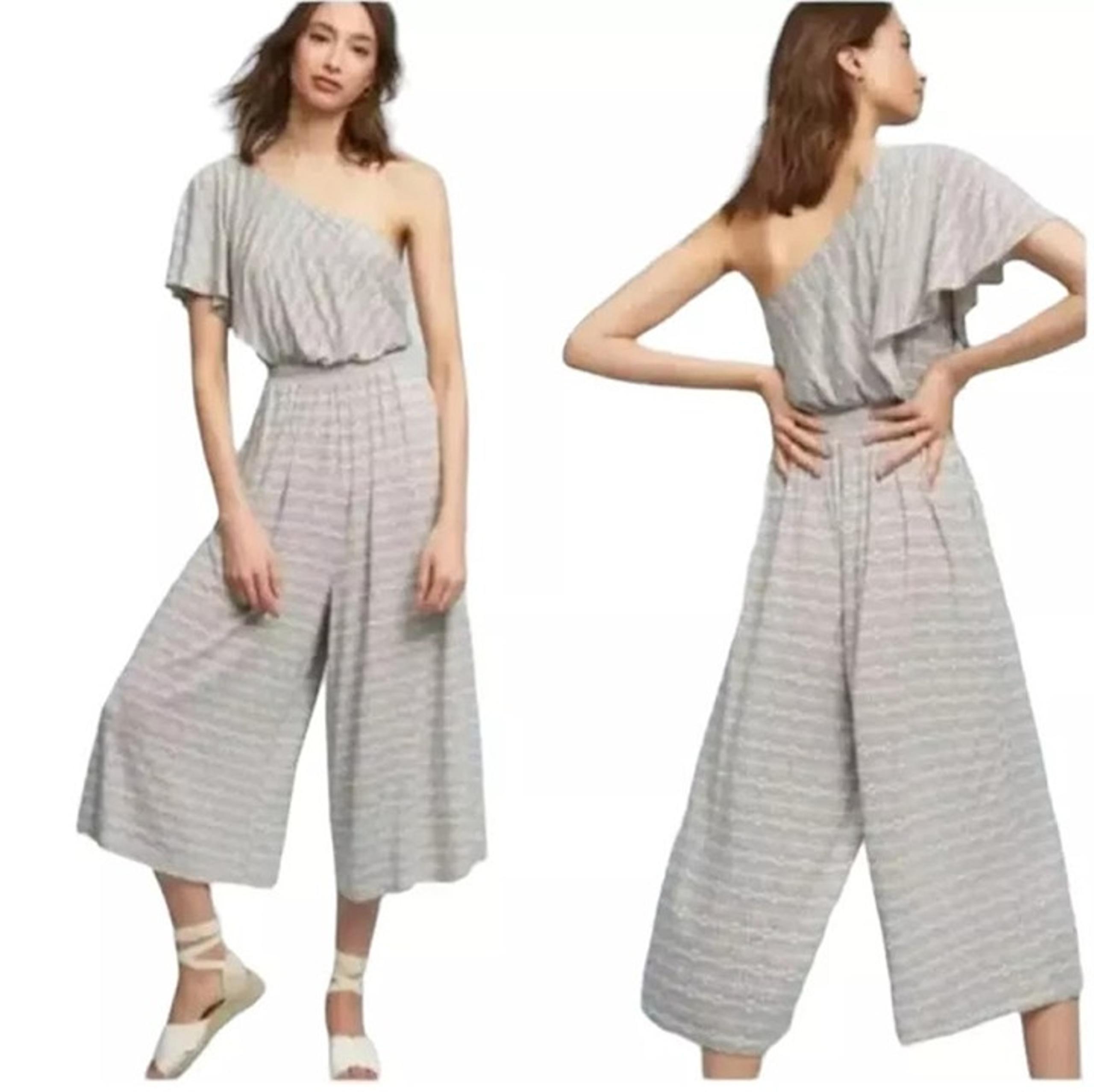 ANTHROPOLOGIE / MAEVE Jamie Jumpsuit, Gray White One Shoulder Ruffle Boho, S