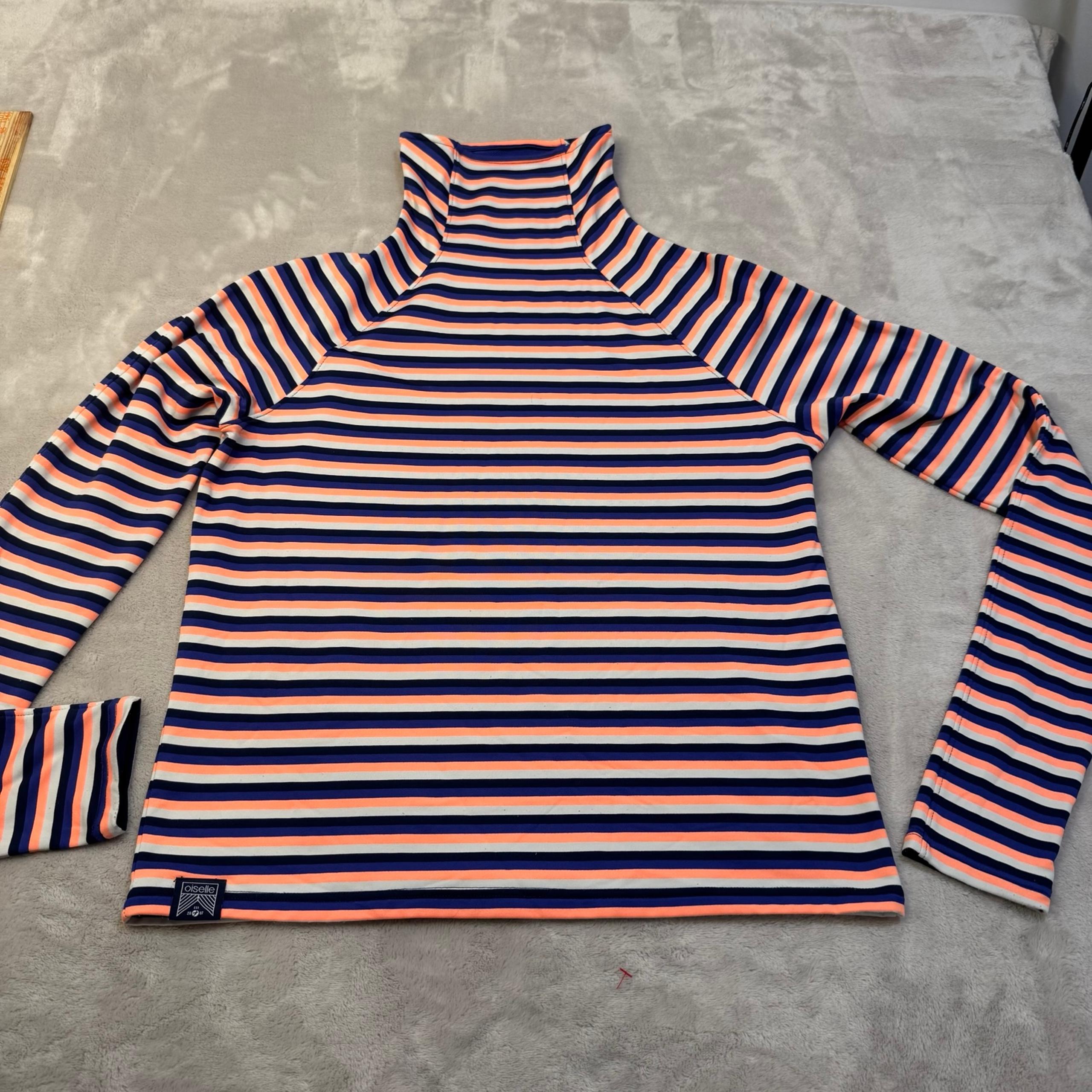 Oiselle Womens Blue Orange white Stripe mock neck  Long sleeve Activewear Top