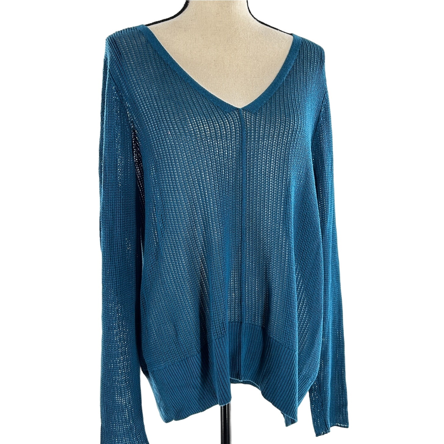 Eileen Fisher Open Knit Sweater XL Tencel Lyocell Teal Blue V Neck Lagenlook