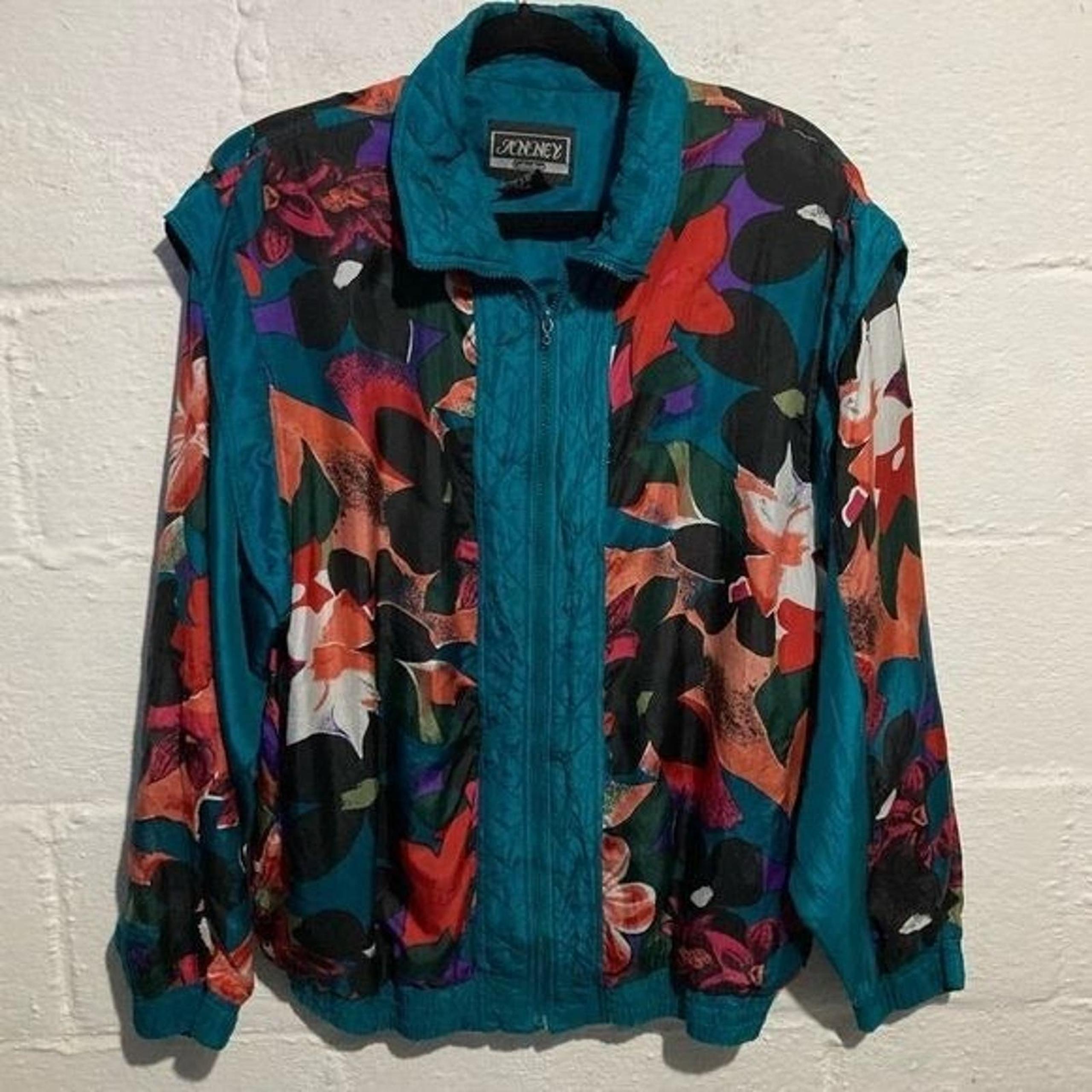 Vintage 90s Bright Floral Teal Color Block Silk Windbreaker- Size L