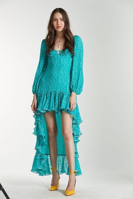 Rococo sand turquoise teal foil silver dress XS