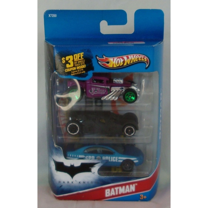 Hot Wheels Batman 3 Pack Joker Bone Shaker, Dark Knight Batmobile, Ford Fusion