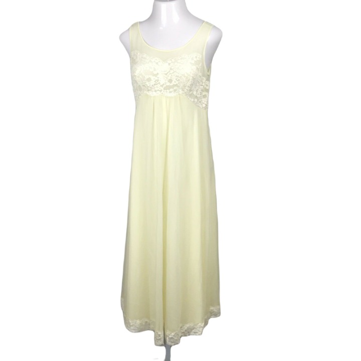 Shadowline Vintage Long Nightgown Dress Lingerie ~ Sz M ~ Yellow ~ Lace Accent