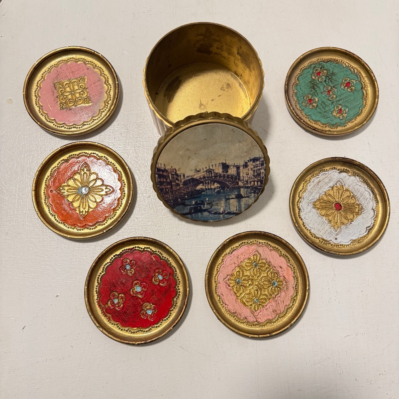 Vintage Set 6 Italian Canal Coasters w/ Storage Box Hand Painted Bar Unique Gift