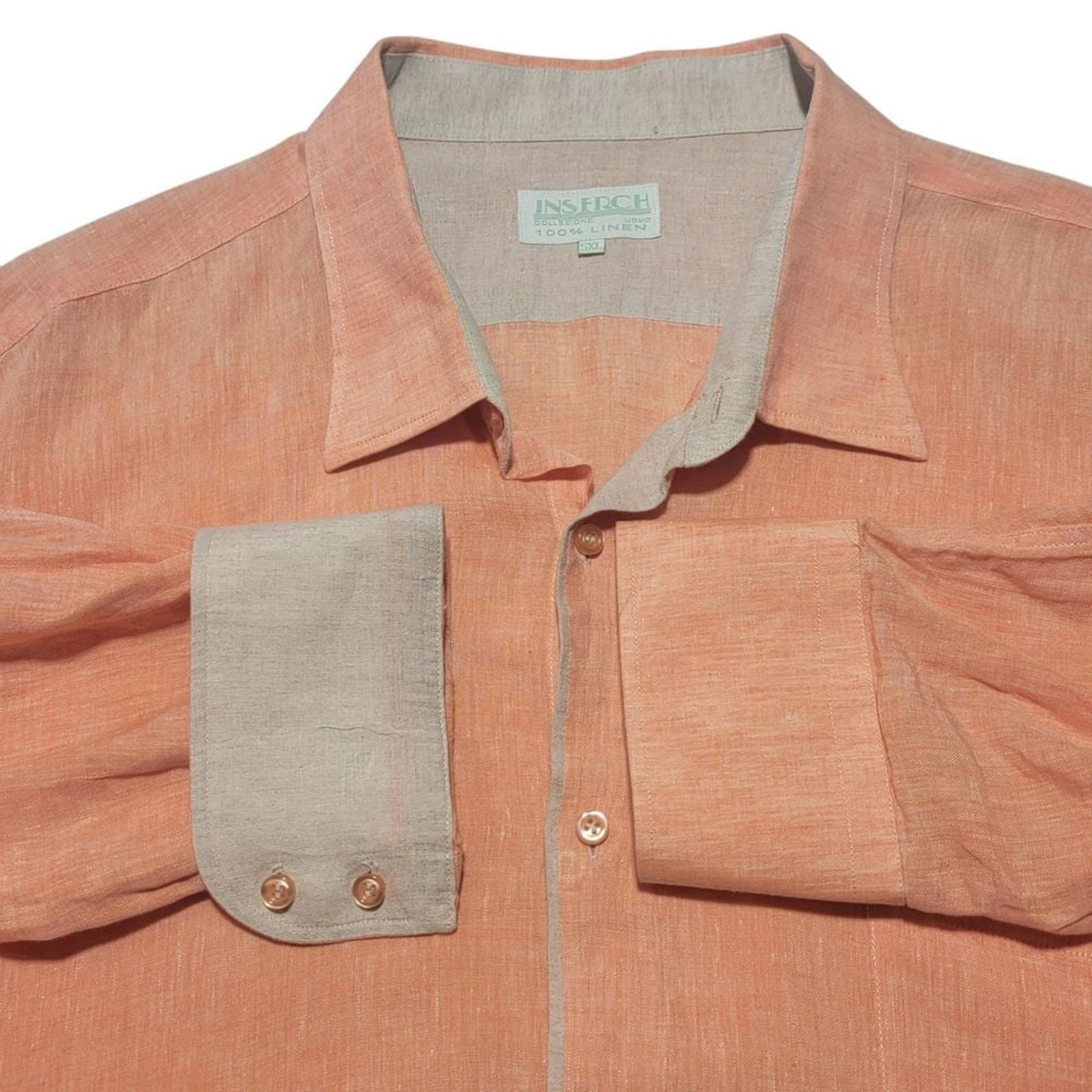 Inserch Men 5XL 100% Linen Tunic Orange Pocket Contrast Inside Cuff Roll Tab