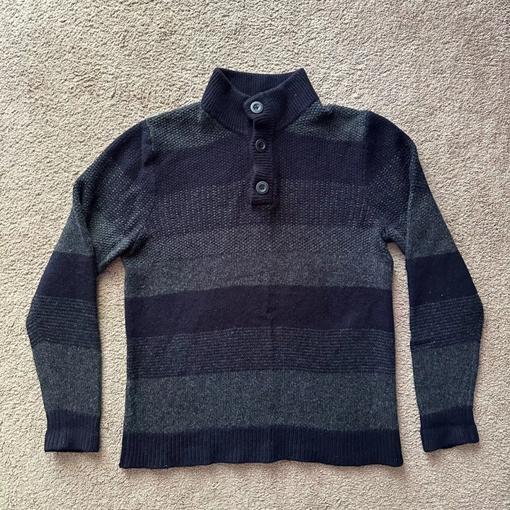 LL Bean Sweater Womens Large 100% Wool Henley Mock Neck Grey Blue Striped