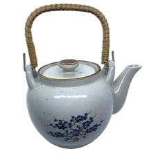 Japanese Blue Floral Teapot Porcelain Bamboo Handle Vintage