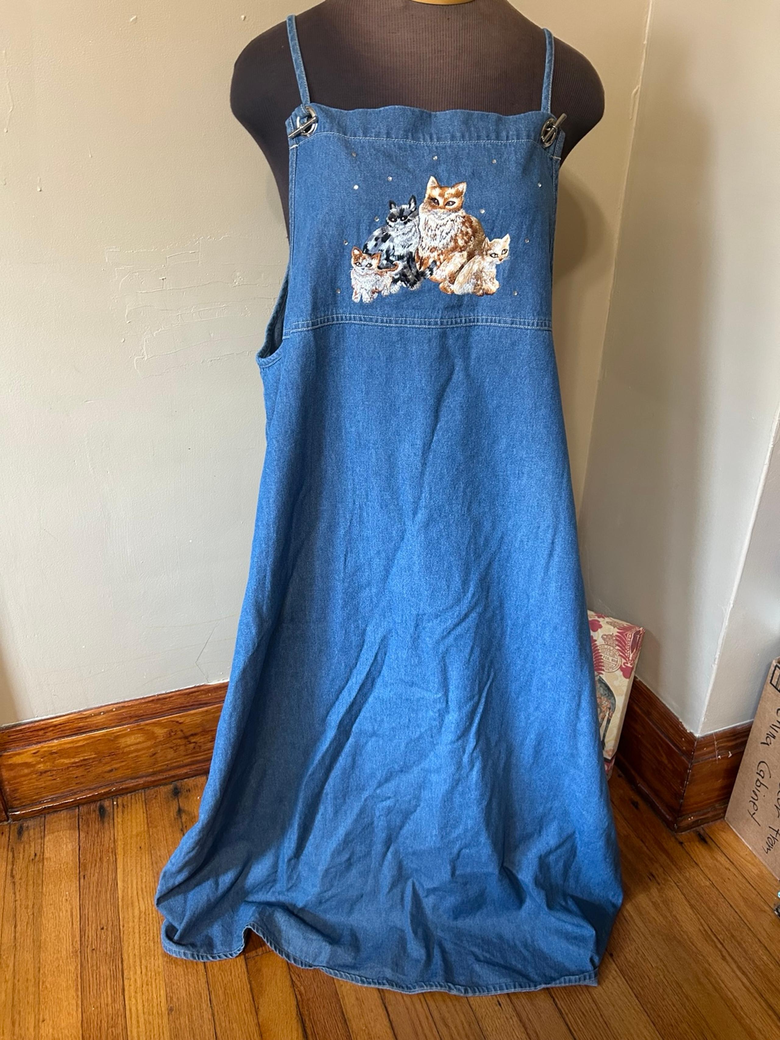 Women's The Quacker Factory Blue Denim Dress Jumper Cats/Embellishment Size 24