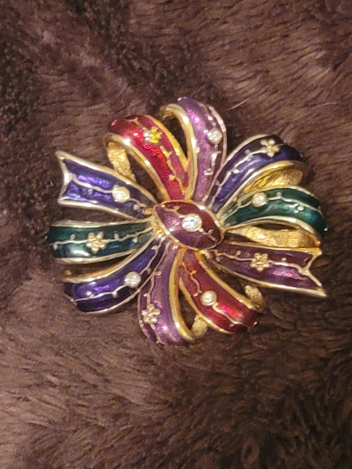 Vintage Multi-Colored Gold Tone Enamel Rhinestone Bow Brooch Signed Joan Rivers