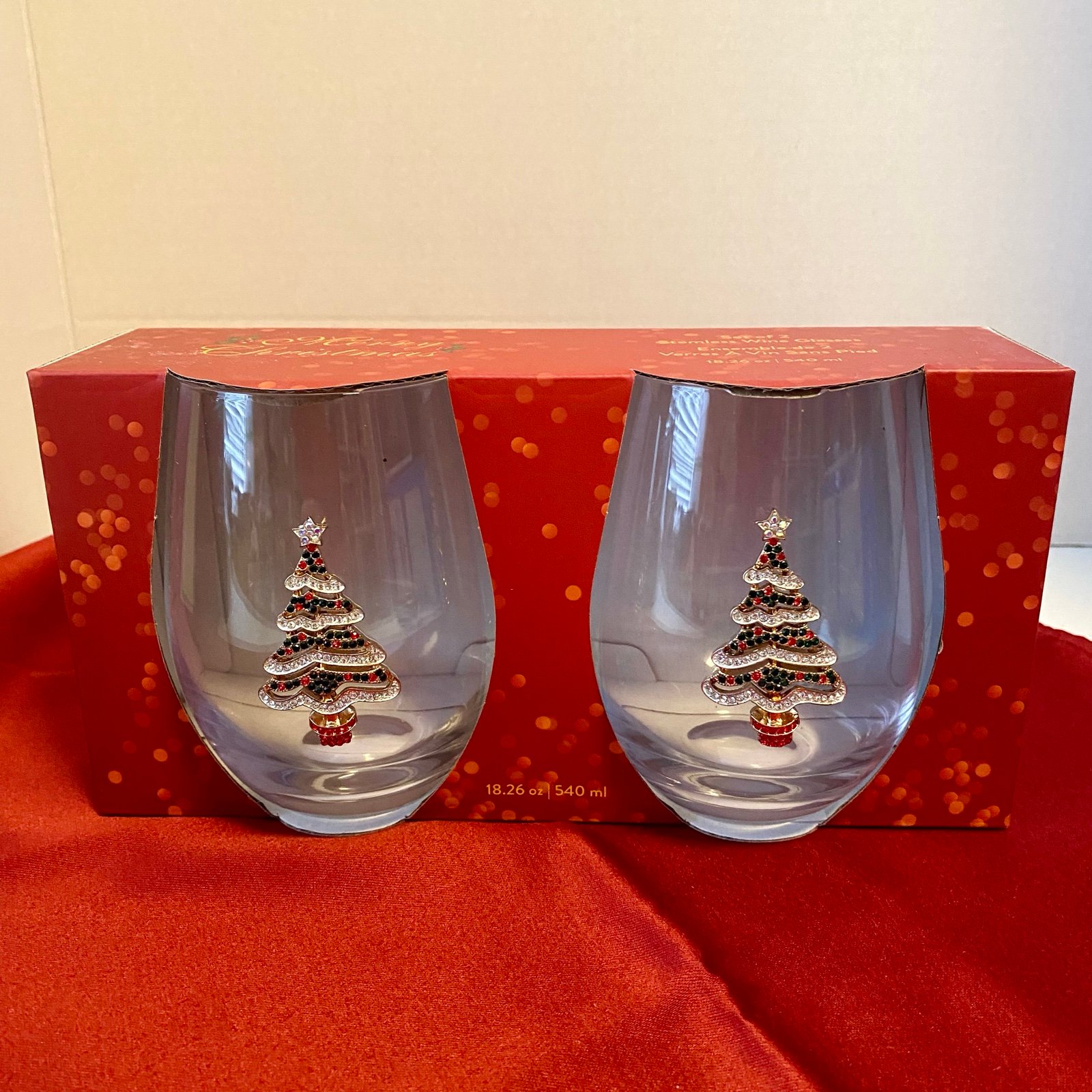 Christmas Tree Crystal Stemless Wine Glass Set