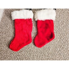 Set Of 2 Retro Fuzzy Cloth Red & White Christmas Holiday Stocking.