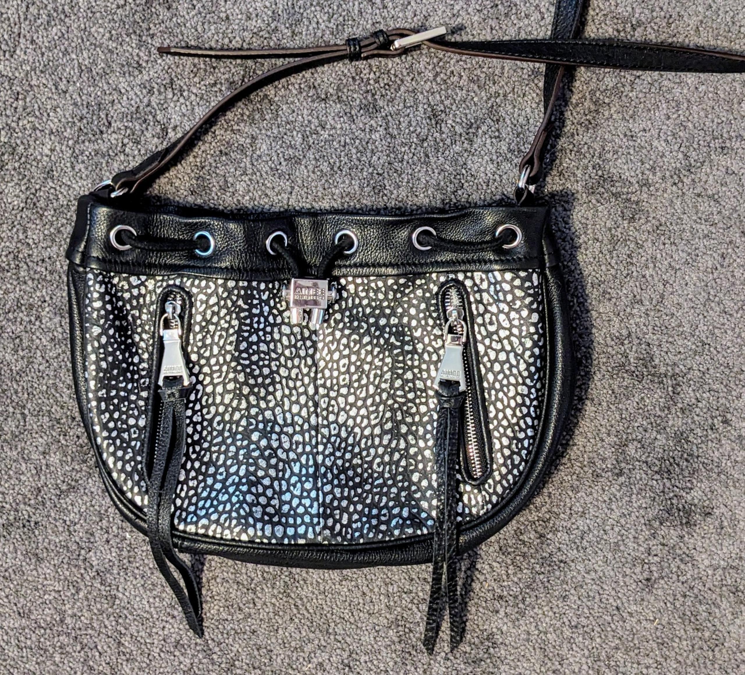 Aimee Kestenberg Shoulder Bag Black Leather Silver Pebbled Drawstring Front