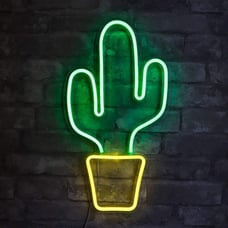 19” x 10” inch LED Neon Green Cactus with Yellow Planter Wall Sign
