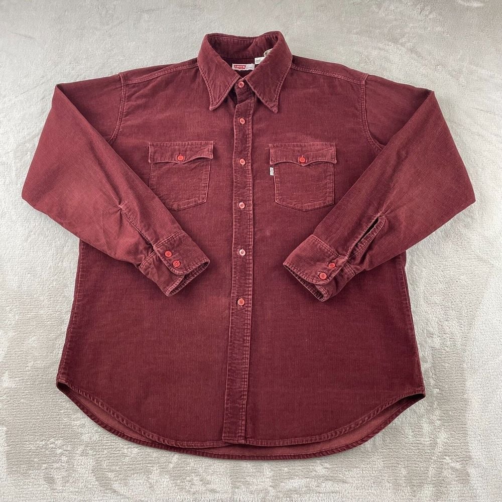 Vintage Levis Corduroy Shirt Men XL Burgundy Flap Pockets 70s Butterfly Collar