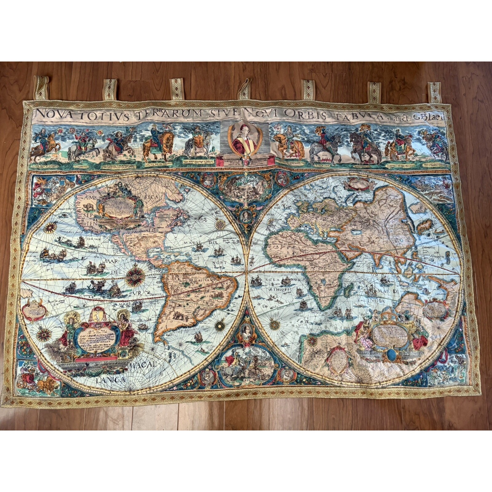 Vintage Tapestry Nova Totivs Terrarum Sive Novi Orbis Tabvla and Blaeu 53 x 35