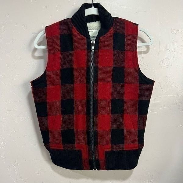 Women's Madewell Buffalo Check Plaid Red Black Sherpa Lined Vest Wool Size Small