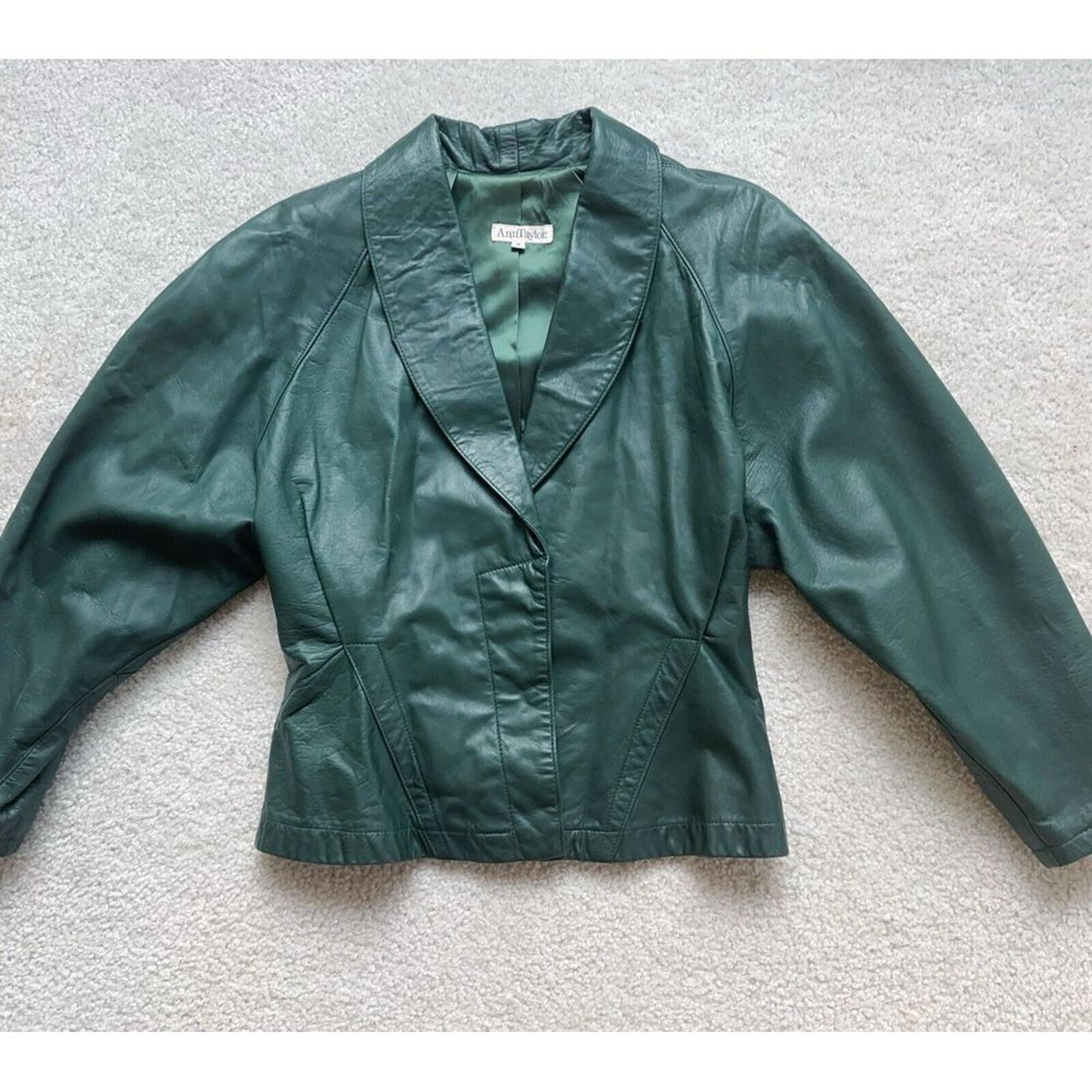 Ann Taylor Forest Green Bat Sleeves Crop Leather Vintage Jacket Size Small
