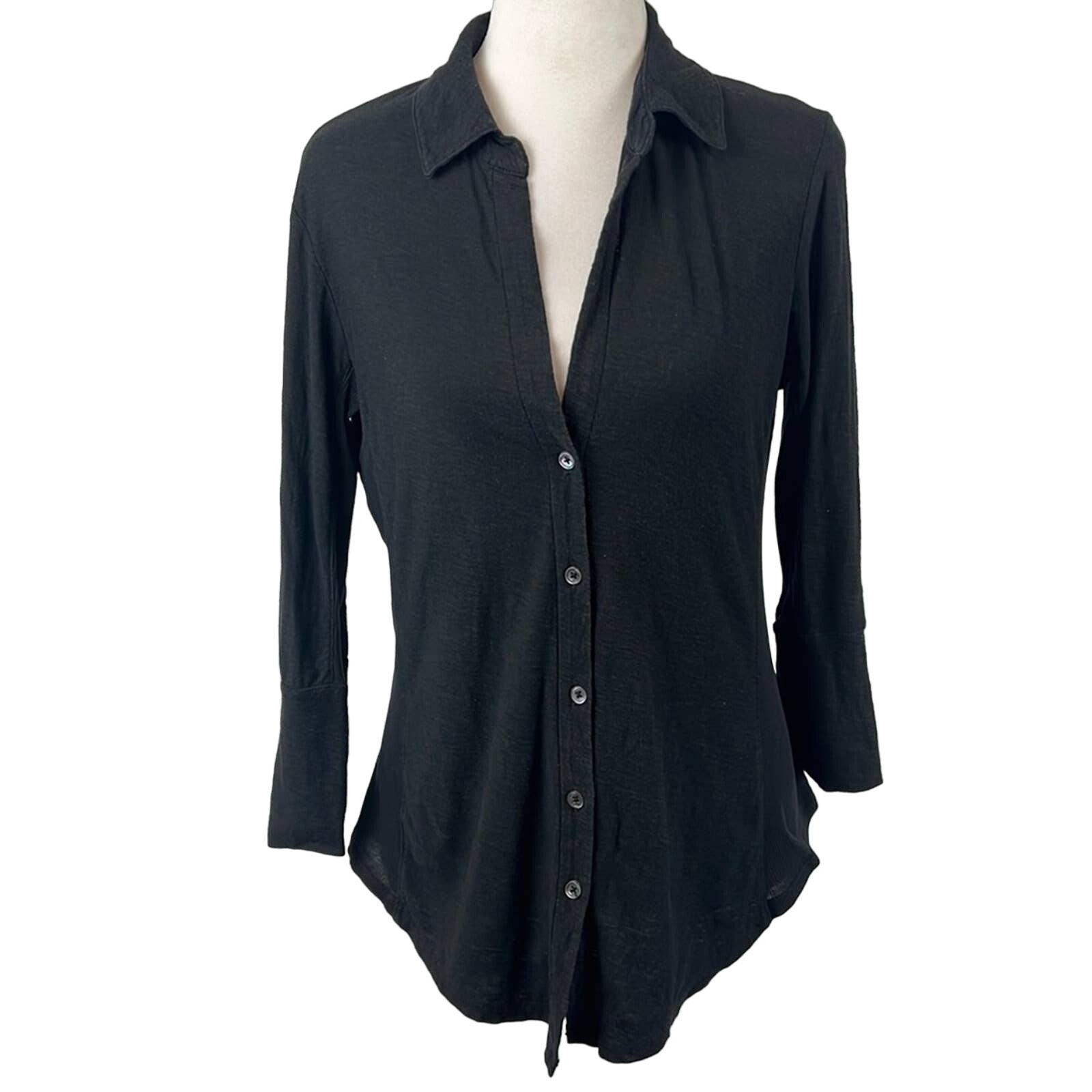 James Perse | Black Contrast Panel Shirt | Collared | Stretch | Size 2 (M)
