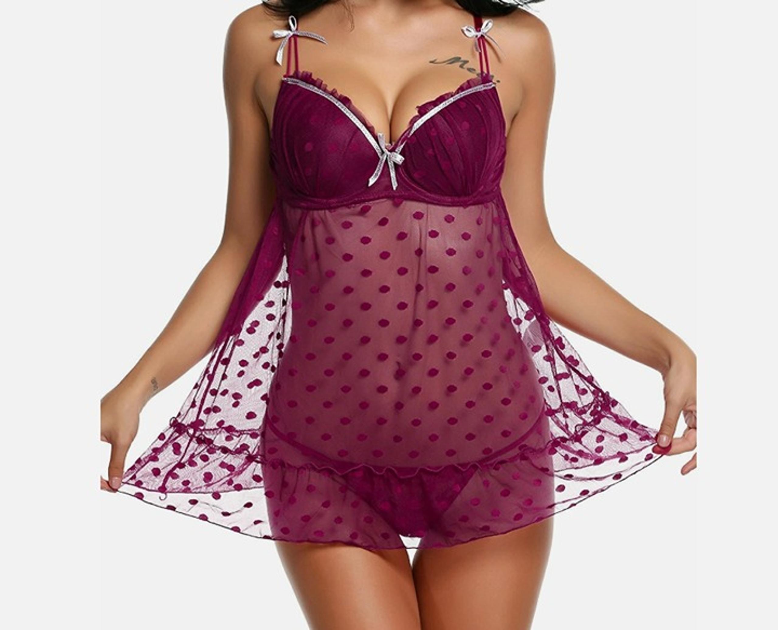 Women's Sexy Lace Lingerie Dots Mesh Babydoll Set Chemise Sheer Sleepwear