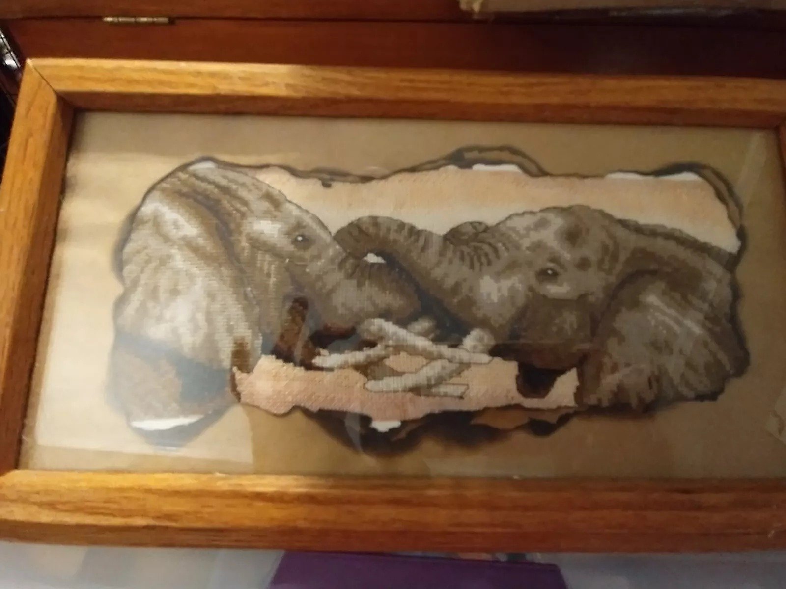 Cross Stitch Framed Finished Elephants W/Locked Trunks 7 1/2 T X 14 W