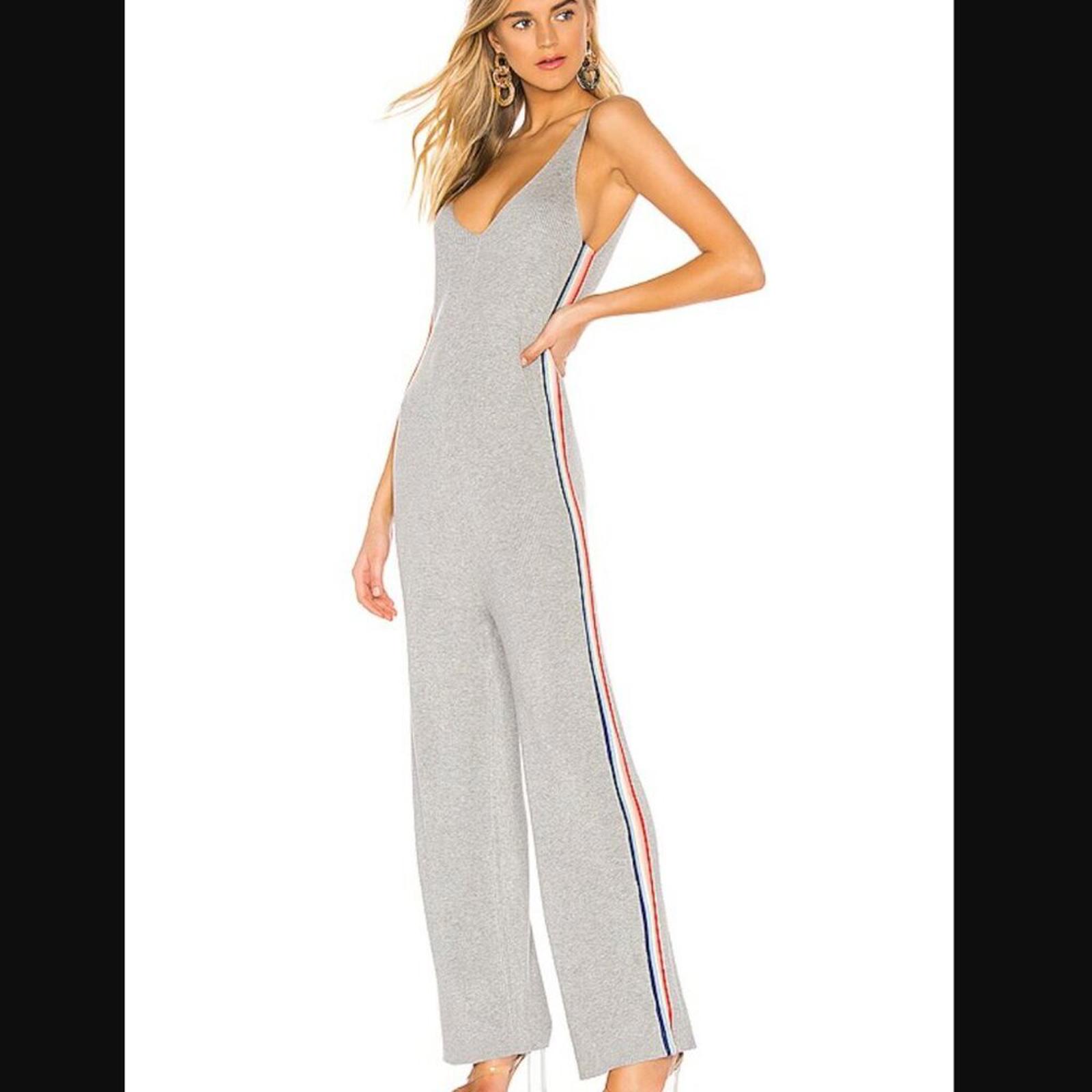 Spiritual Gangster x Madeleine Thompson Gray Stripe V Neck Wide Leg Jumpsuit S