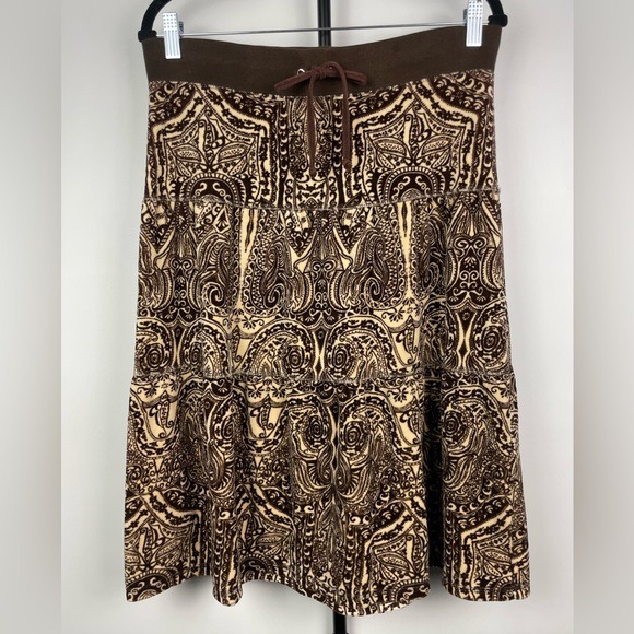 Vintage Y2K Brown Juicy Couture Paisley Pattern Velour Velvet Tiered Skirt