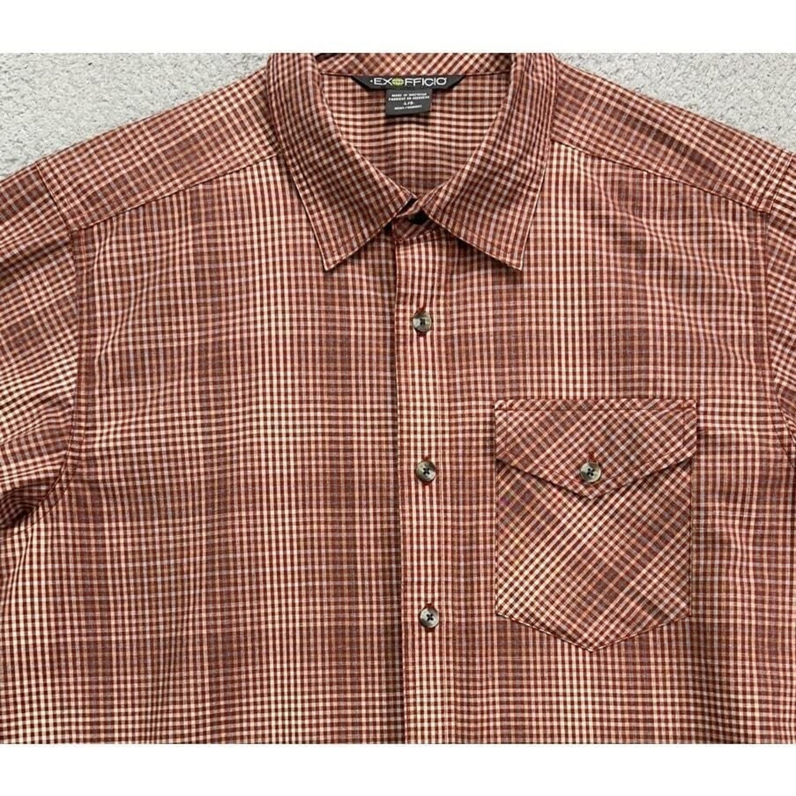 ExOfficio Shirt Adult Large Brown Check Button Up Long Sleeve Flap Pocket Mens