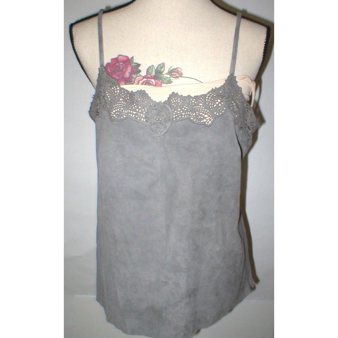 Womens New Ralph Lauren 398 NWT Gray Leather Suede Lace Tank Top Cami Nice 12