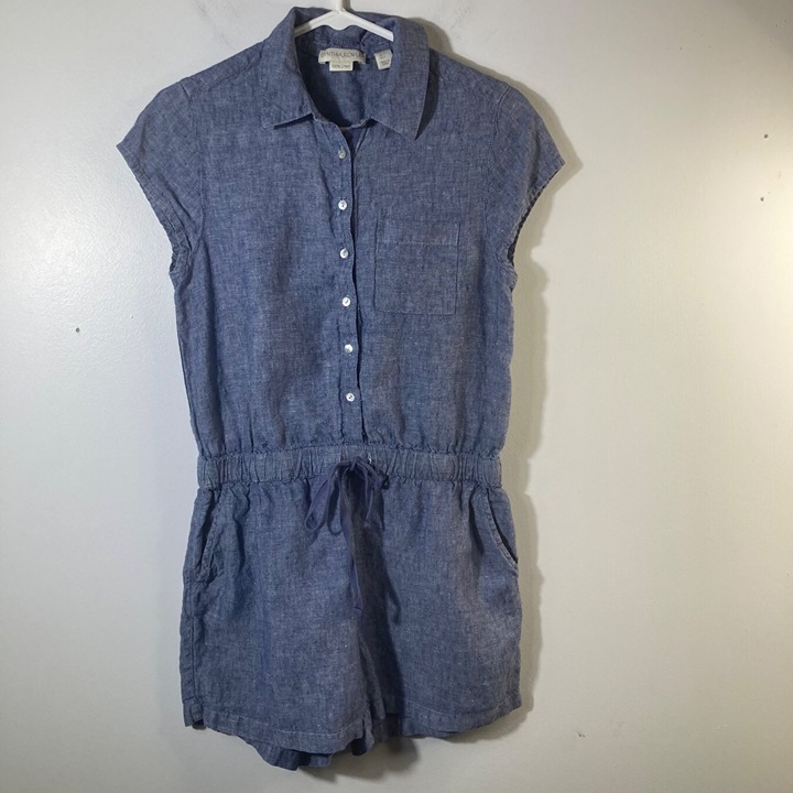 Womens Cynthia Rowley Linen Romper Marled Blue S Linen Elastic Tie Waist