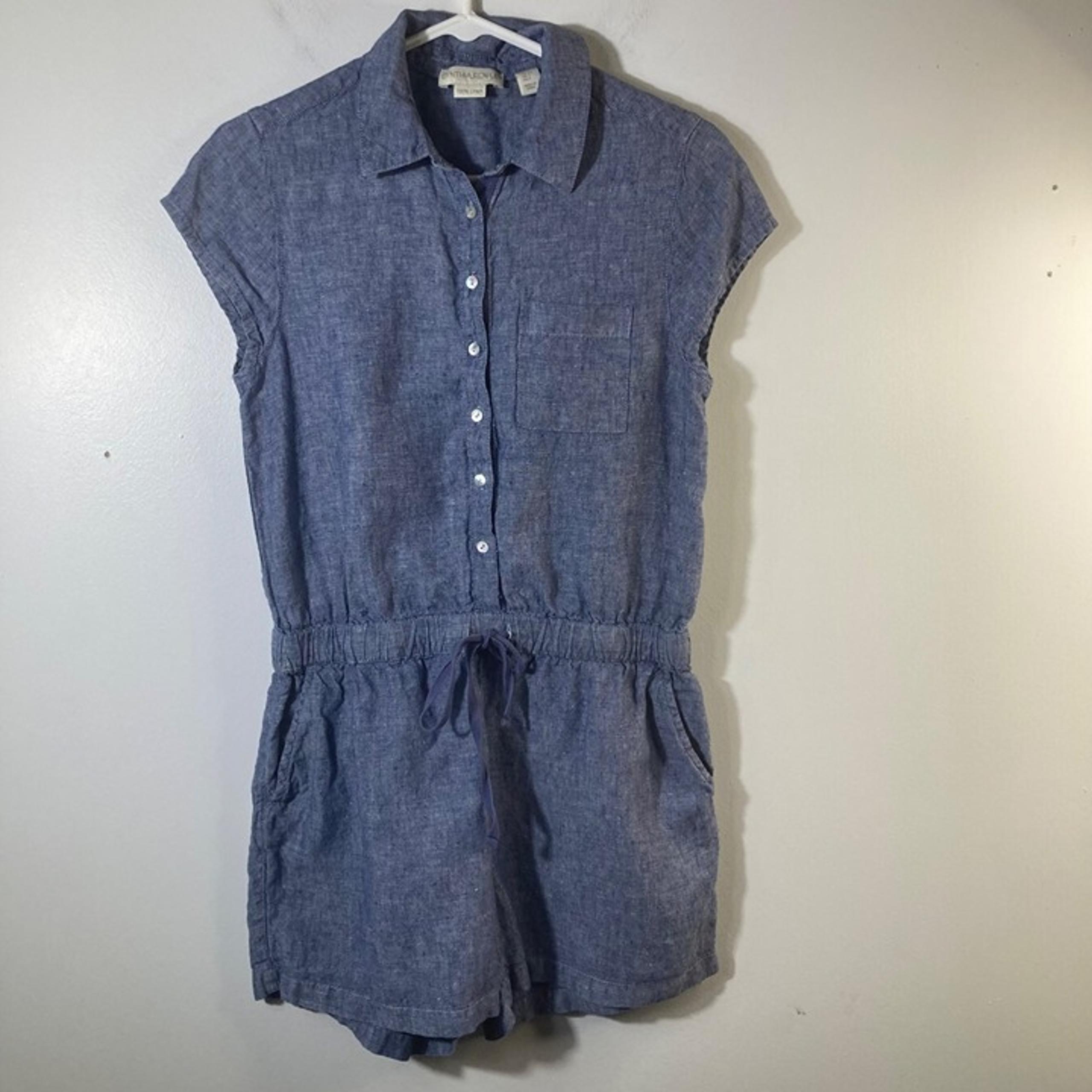 Womens Cynthia Rowley Linen Romper Marled Blue S Linen Elastic Tie Waist