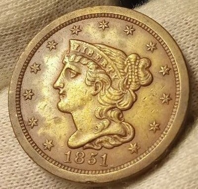 1851-P Braided hair half cent AU almost uncirculated