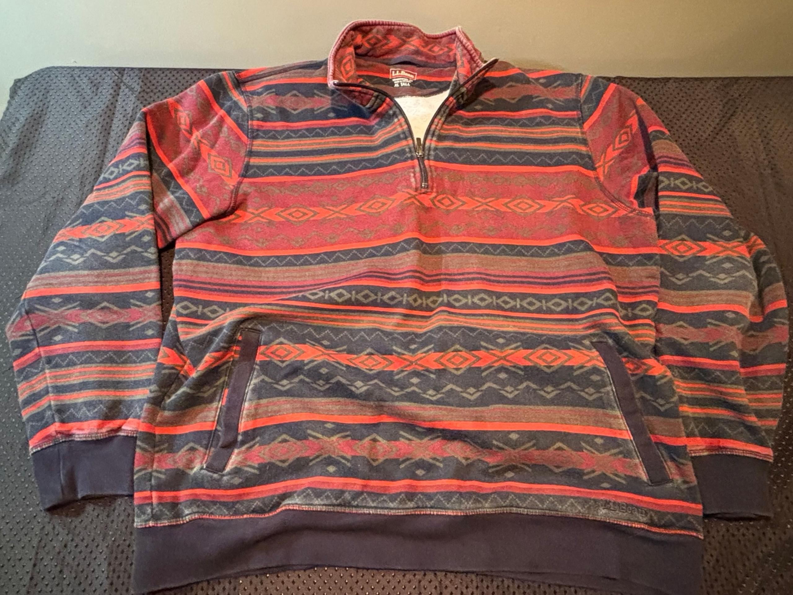 LL Bean 1/4 Zip Sweater Mens XL Tall Cotton Lined Southwest Aztec Pullover