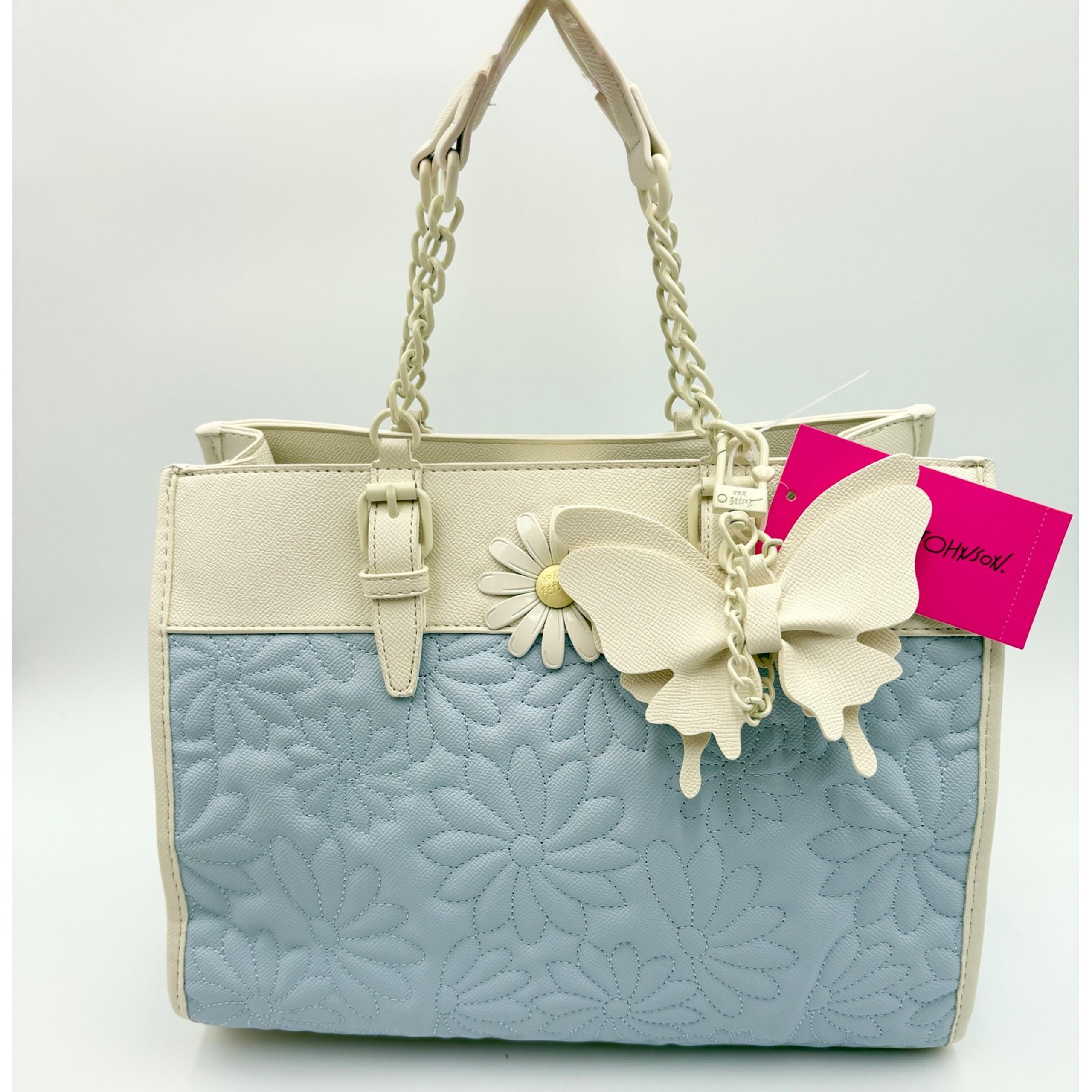 Betsey Johnson Satchel Purse Quilted Floral Butterfly Charm Chain Handle XOBECA