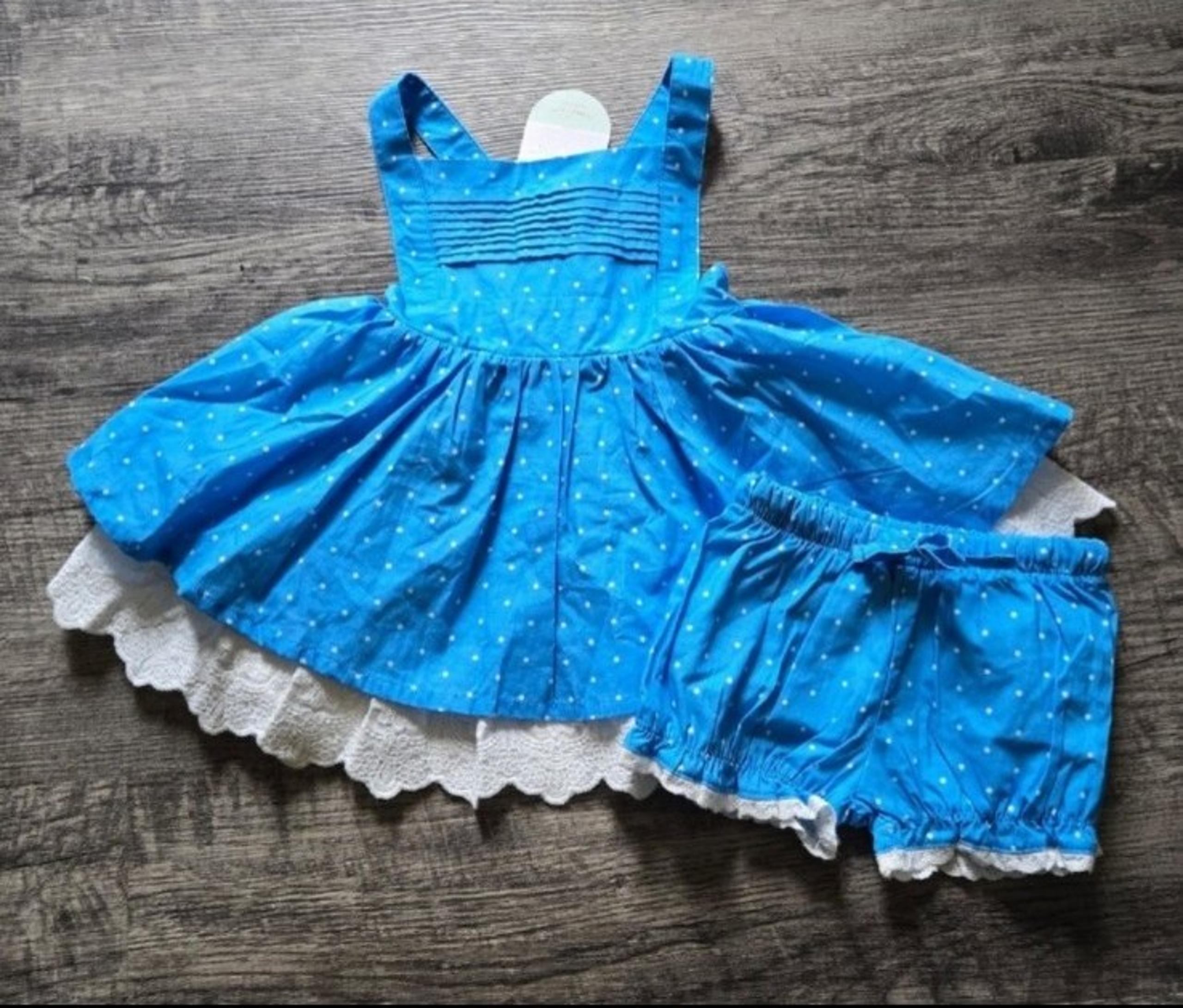 Sweet Honey 9/12 Blue & White LACE Polkadot Pinafore TWIRL Dress & Bloomers NWT