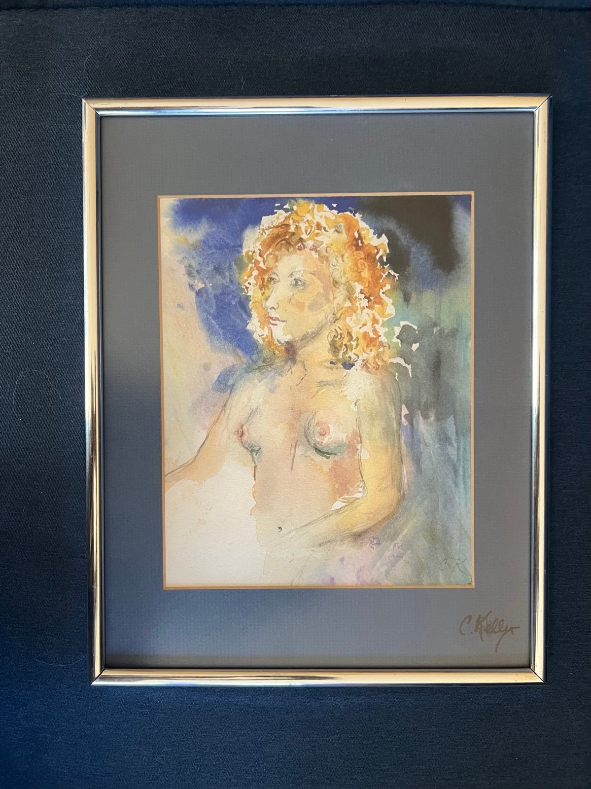 Beautiful Watercolor Art Decor Unrobed Woman Signed By artist Chris Kelly