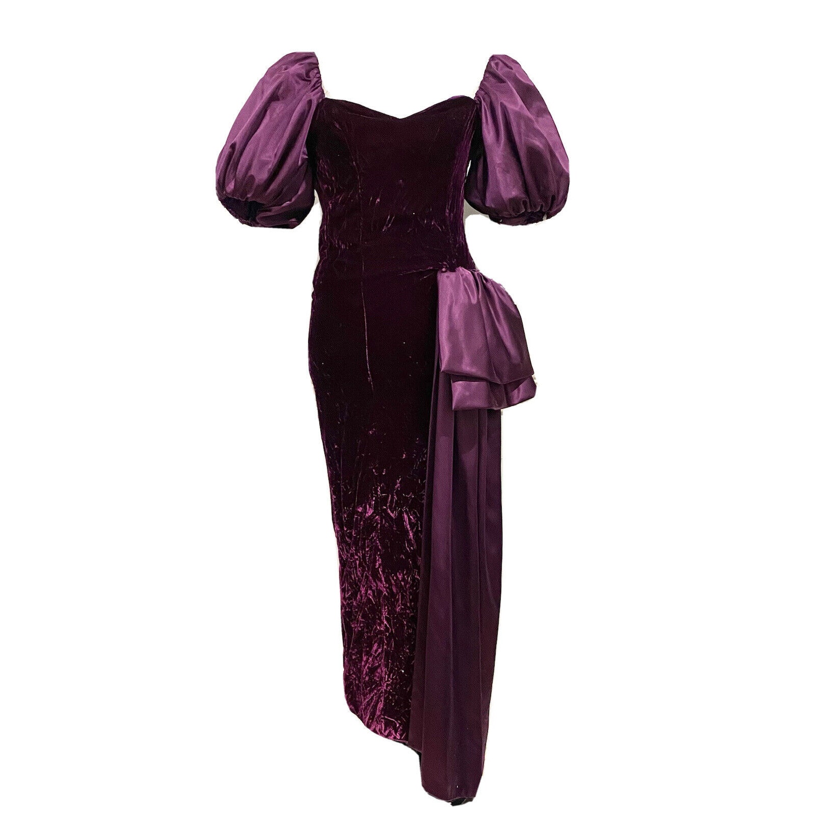 Vintage 90s Formal Dress Gown Purple Velvet Puffy Sleeves Drape Sash Women’s XS