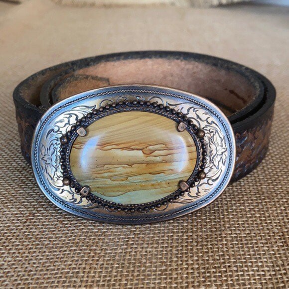 Tooled Leather Belt With Floral Copper Buckle