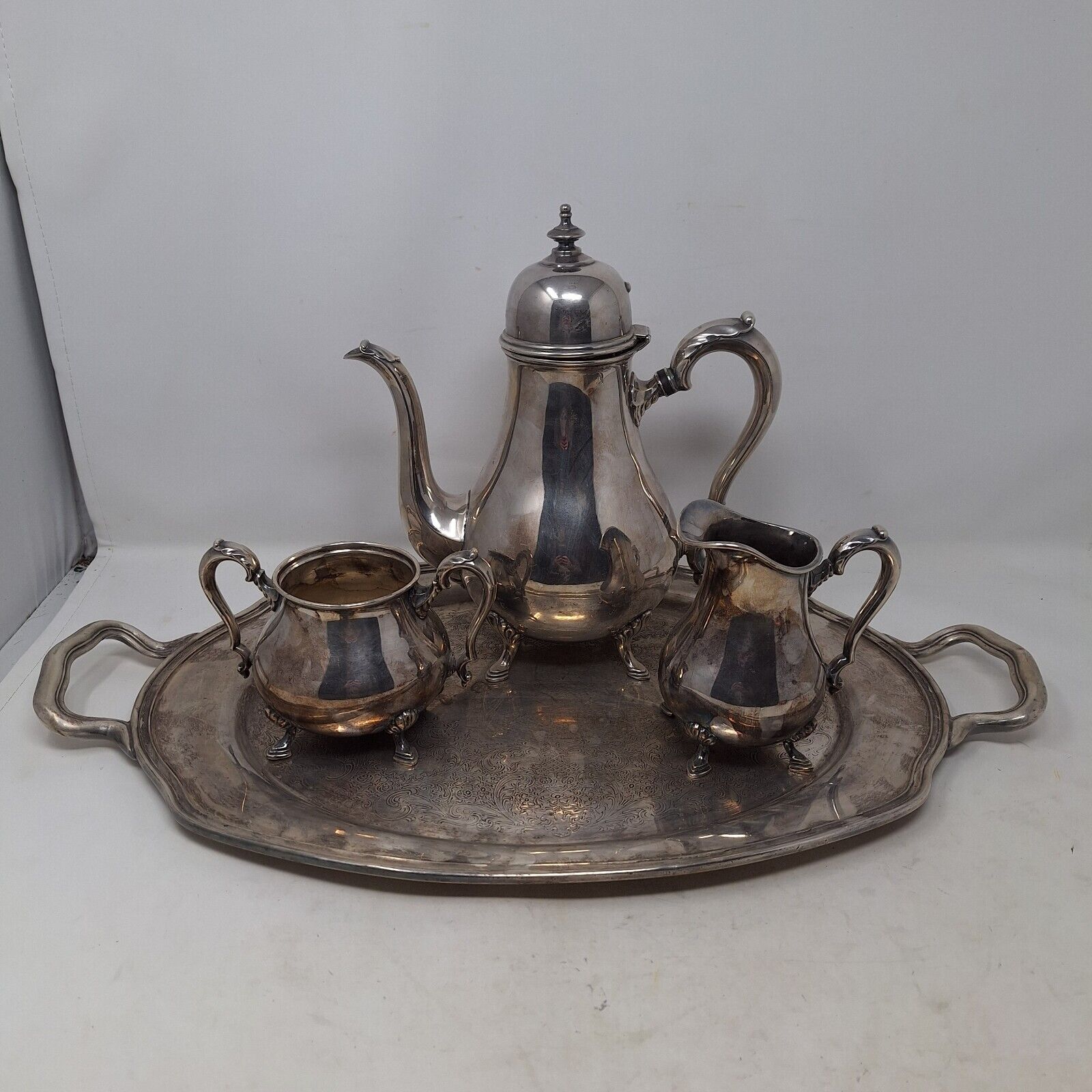 King George 1920s Silver Plate Hollowware Antique 4 Piece Tea Set Serving Tray